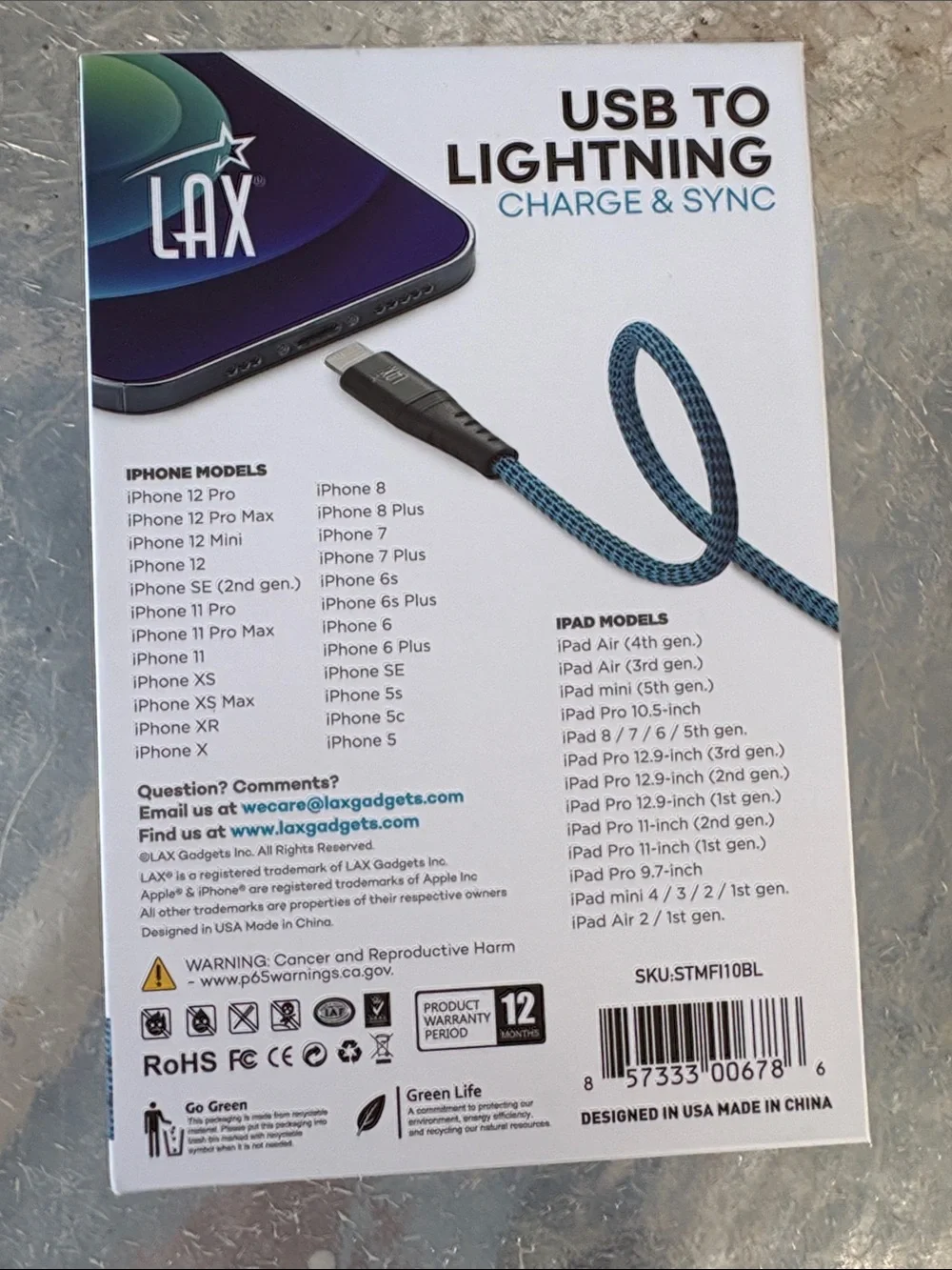 Blue Braided USB to Lightning Charge & Sync Cable for iPhone/iPad - 10ft